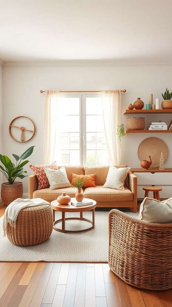 A cozy boho living room featuring warm tones, stylish storage options, and natural materials.