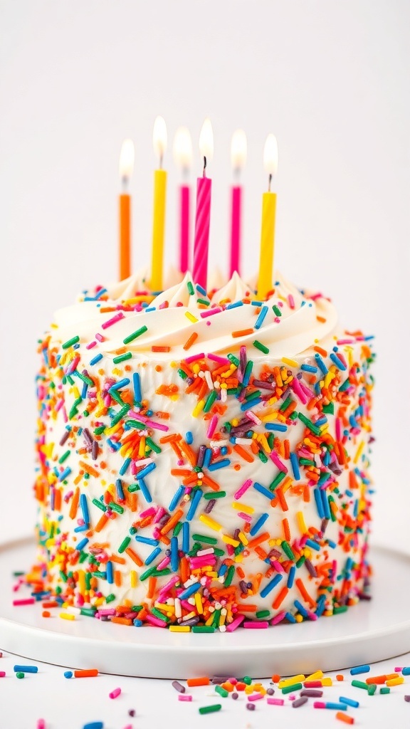 A colorful Funfetti cake topped with candles and sprinkles