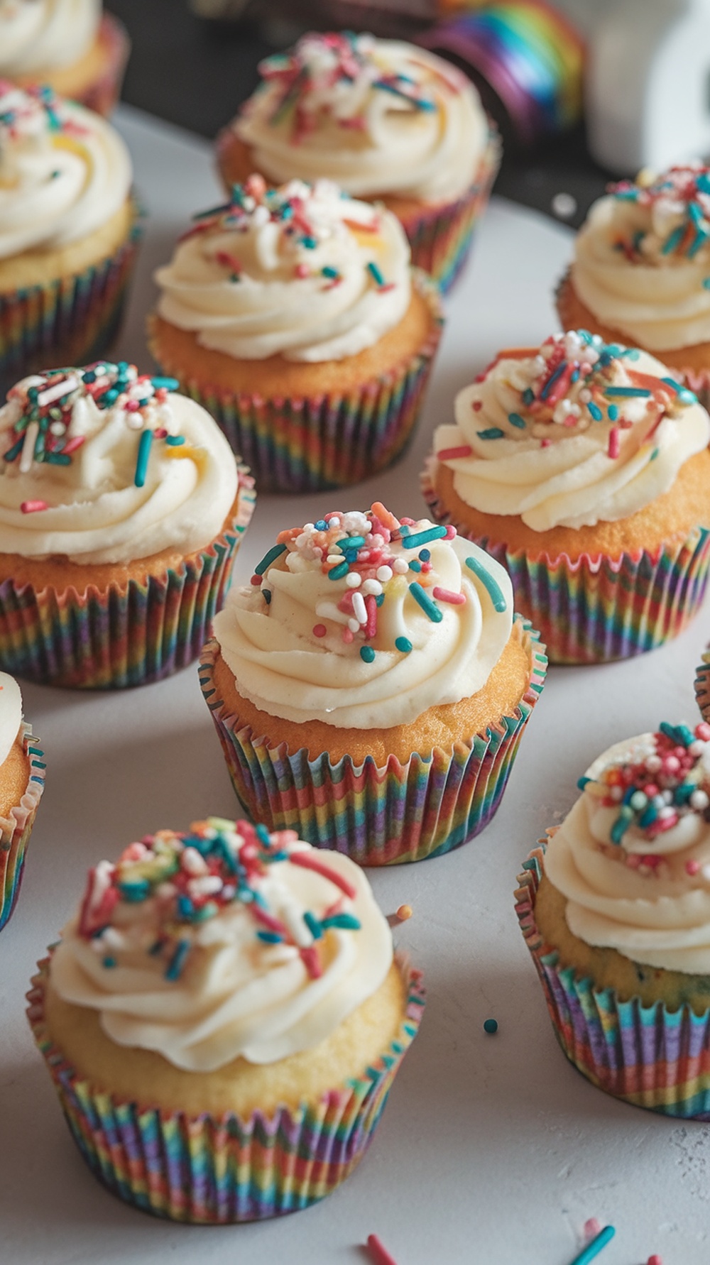 Colorful funfetti cupcakes with creamy frosting and sprinkles