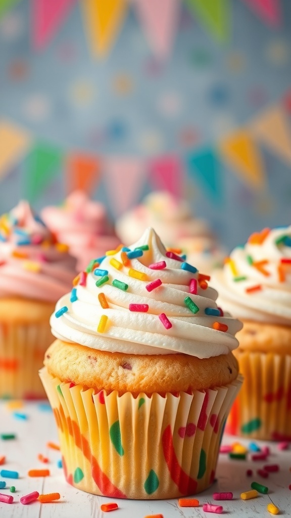 Colorful Funfetti cupcakes with swirled frosting and sprinkles