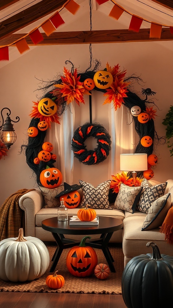 A funky Halloween wreath decorated with colorful pumpkins and leaves, hanging in a cozy living room.