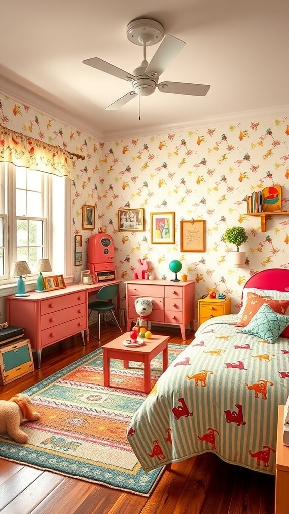 A colorful children's bedroom featuring retro decor, playful patterns, and cozy furniture.