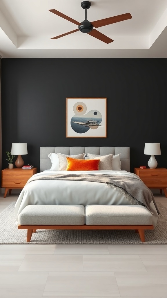 A cozy bedroom with black accent walls, featuring a light bed, wooden nightstands, and colorful pillows.