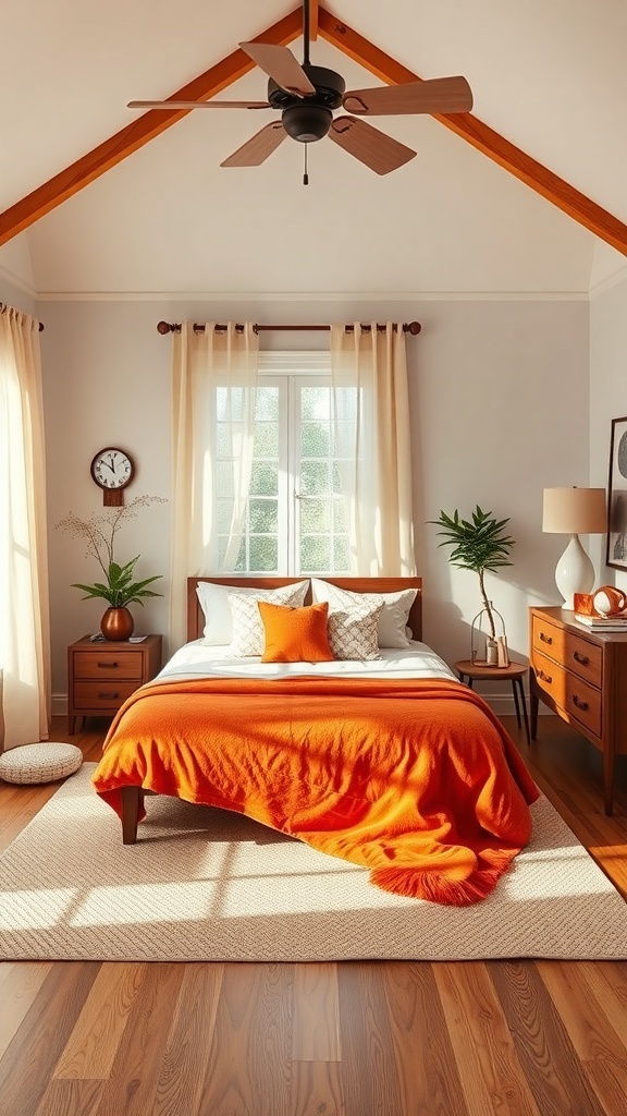 A cozy bedroom featuring a burnt orange blanket on the bed, wooden furniture, and natural light.