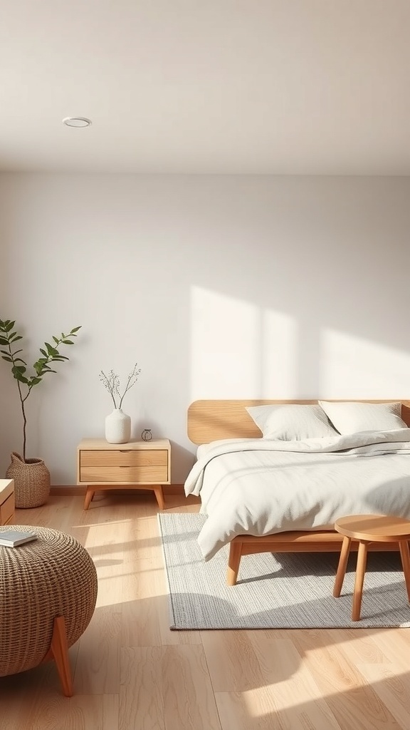 A neutral bedroom featuring wooden furniture, a cozy bed, and a plant.
