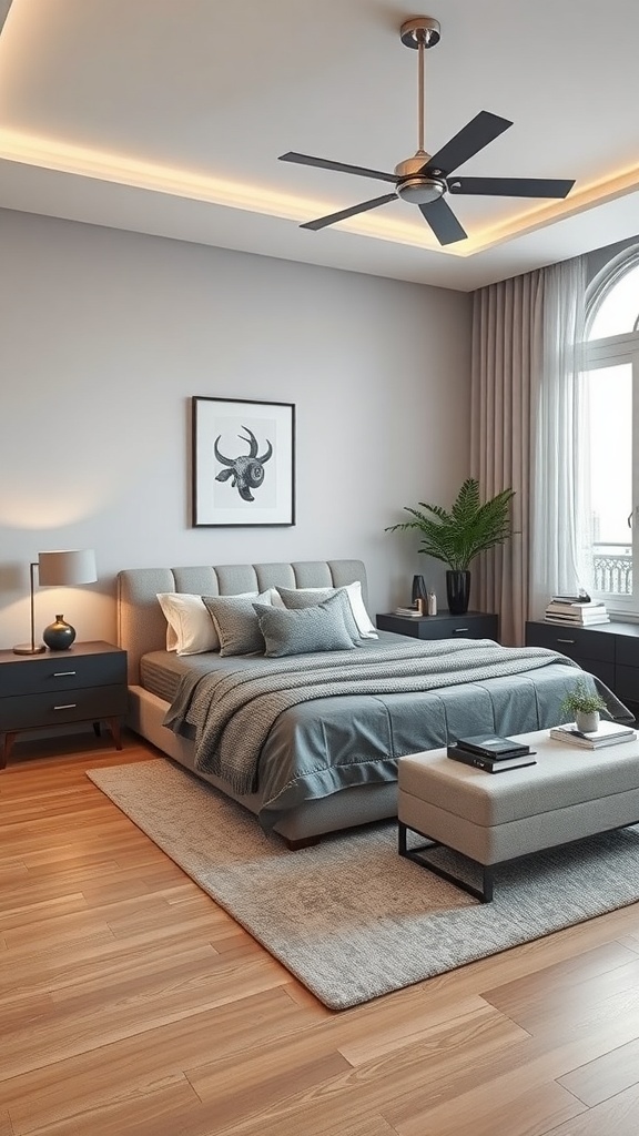 A modern grey bedroom featuring a grey bed frame, matching bedding, and stylish furniture.