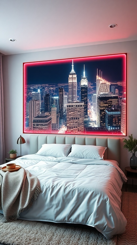 LED wall art depicting a futuristic city skyline at night with bright lights and a neon frame.