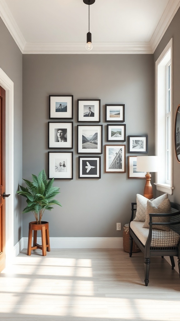 A gallery wall display with framed photos on a gray wall, featuring a plant and a cozy bench in the entryway.