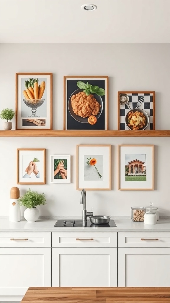 A kitchen gallery wall featuring framed culinary art, including vegetables, dishes, and hands preparing food, above a modern kitchen sink.