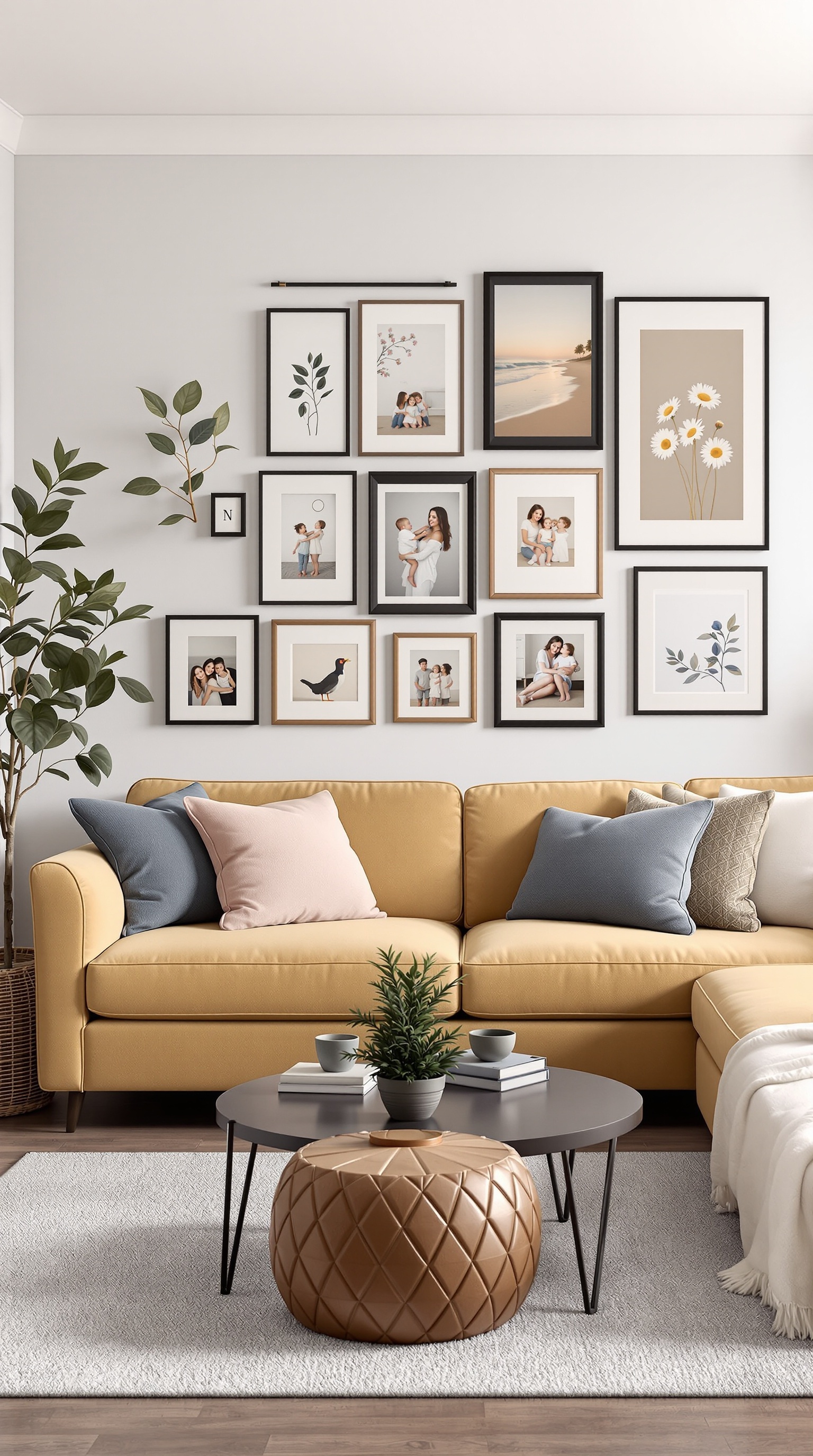 A cozy family room with a gallery wall of framed photos and art, featuring a yellow sofa and a round coffee table.