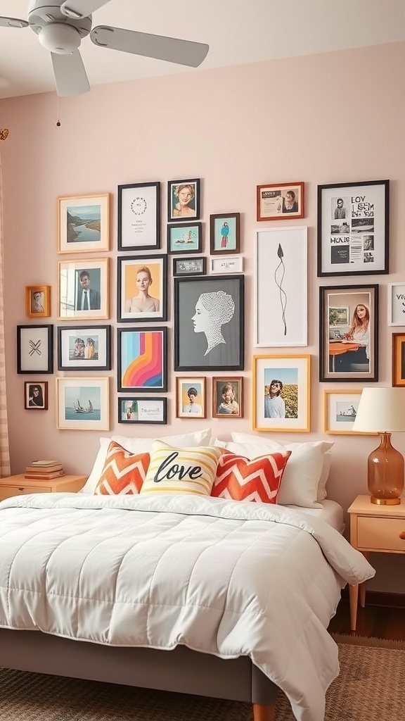 A cozy teen bedroom featuring a gallery wall of framed art and photos, with a bed adorned with colorful pillows.