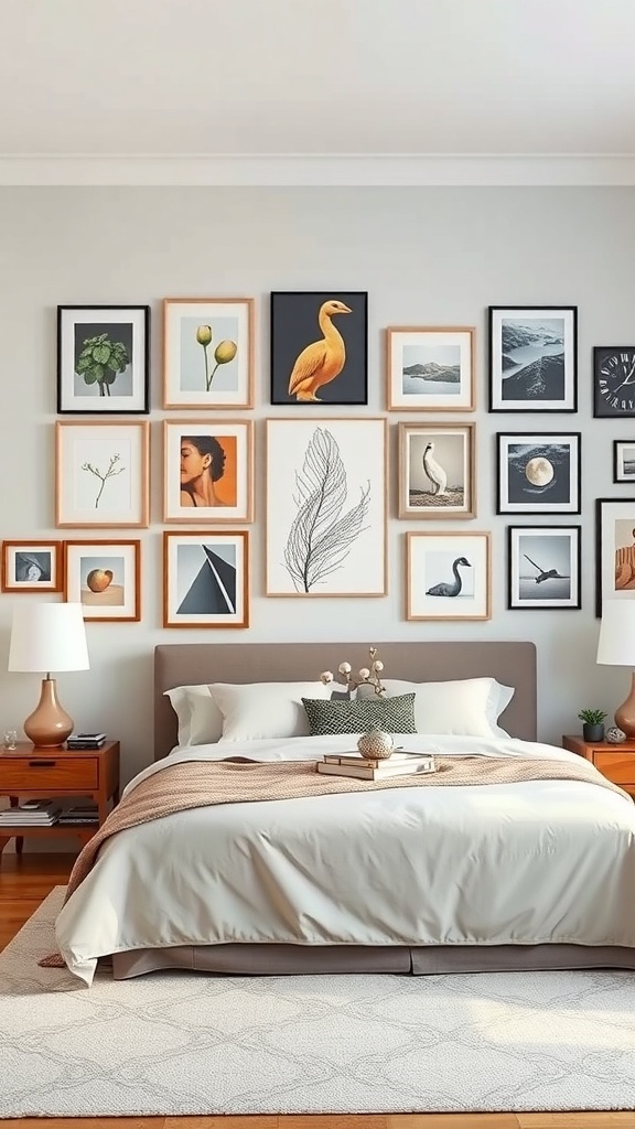 A beautifully arranged gallery wall featuring various framed artworks above a bed in a cozy bedroom.