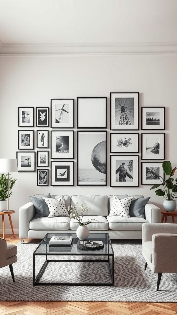 A stylish living room featuring a gallery wall of black and white art, a light gray sofa, and decorative plants.
