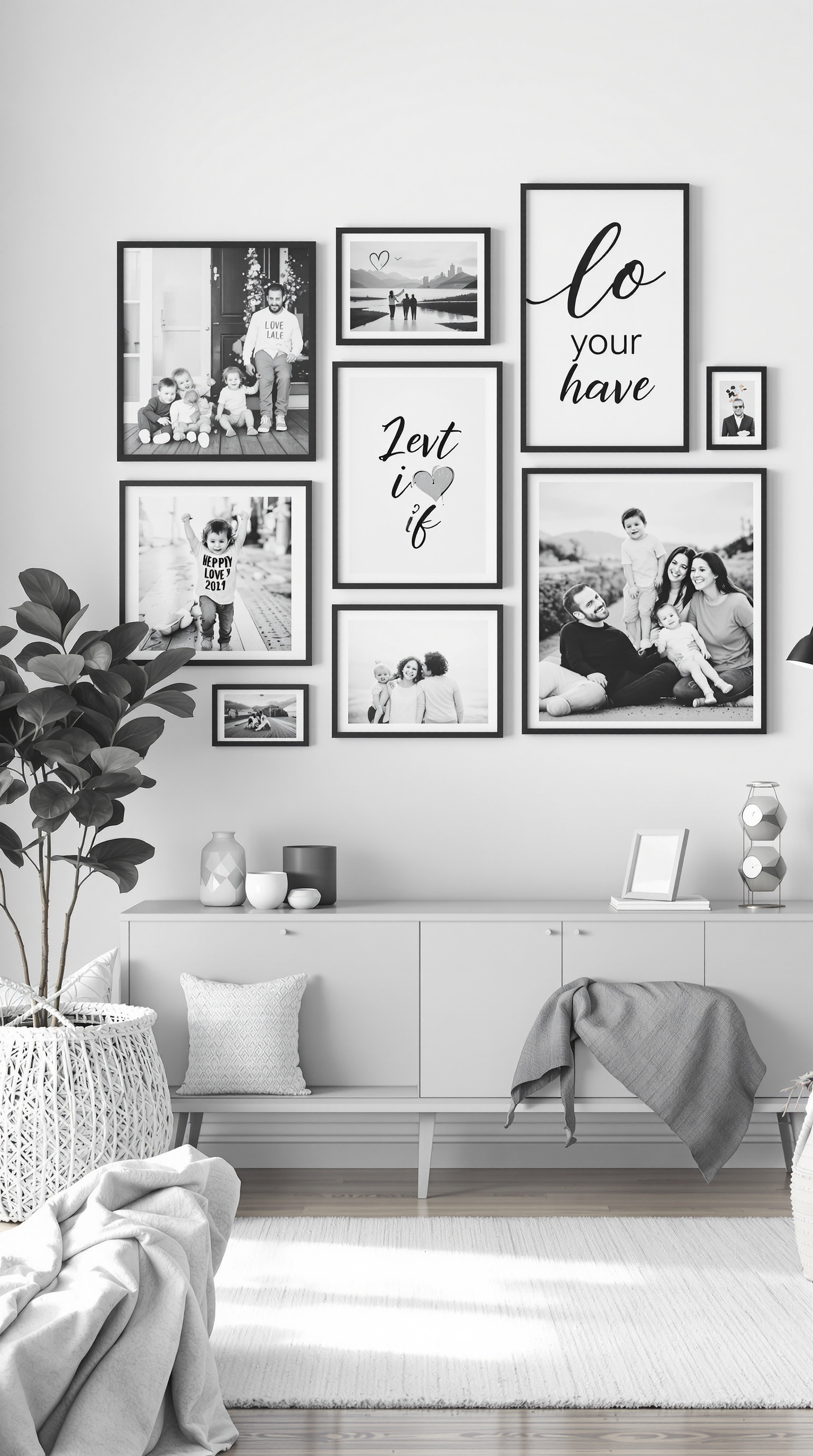 Gallery wall featuring black and white family photos and artistic prints in stylish frames.