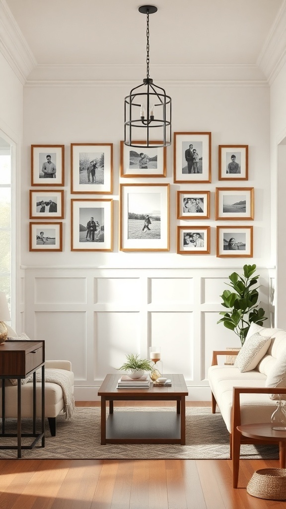 Gallery wall featuring framed family photos in a bright foyer