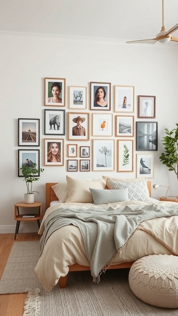 A cozy bedroom featuring a gallery wall with framed photos and artwork, a neatly made bed, and a plant.