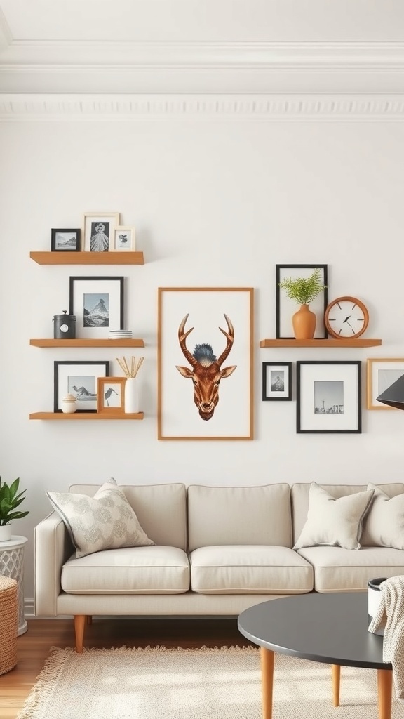 Gallery wall with floating shelves featuring framed pictures and decorative items in a cozy living room.
