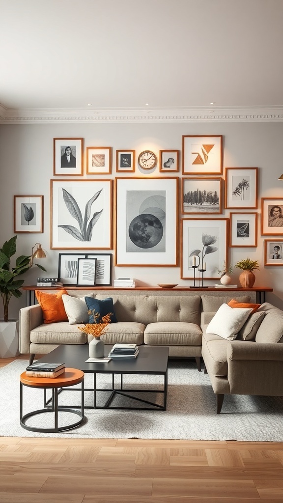 Gallery wall with framed art in a living room, featuring various styles and sizes of artwork.