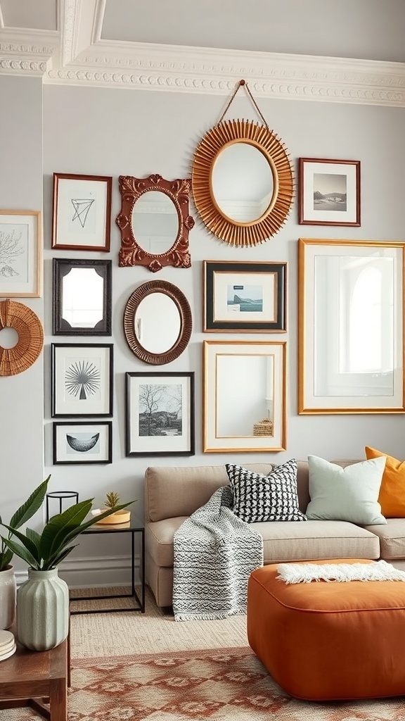 Gallery wall featuring a mix of mirrors and framed artwork in a stylish living room