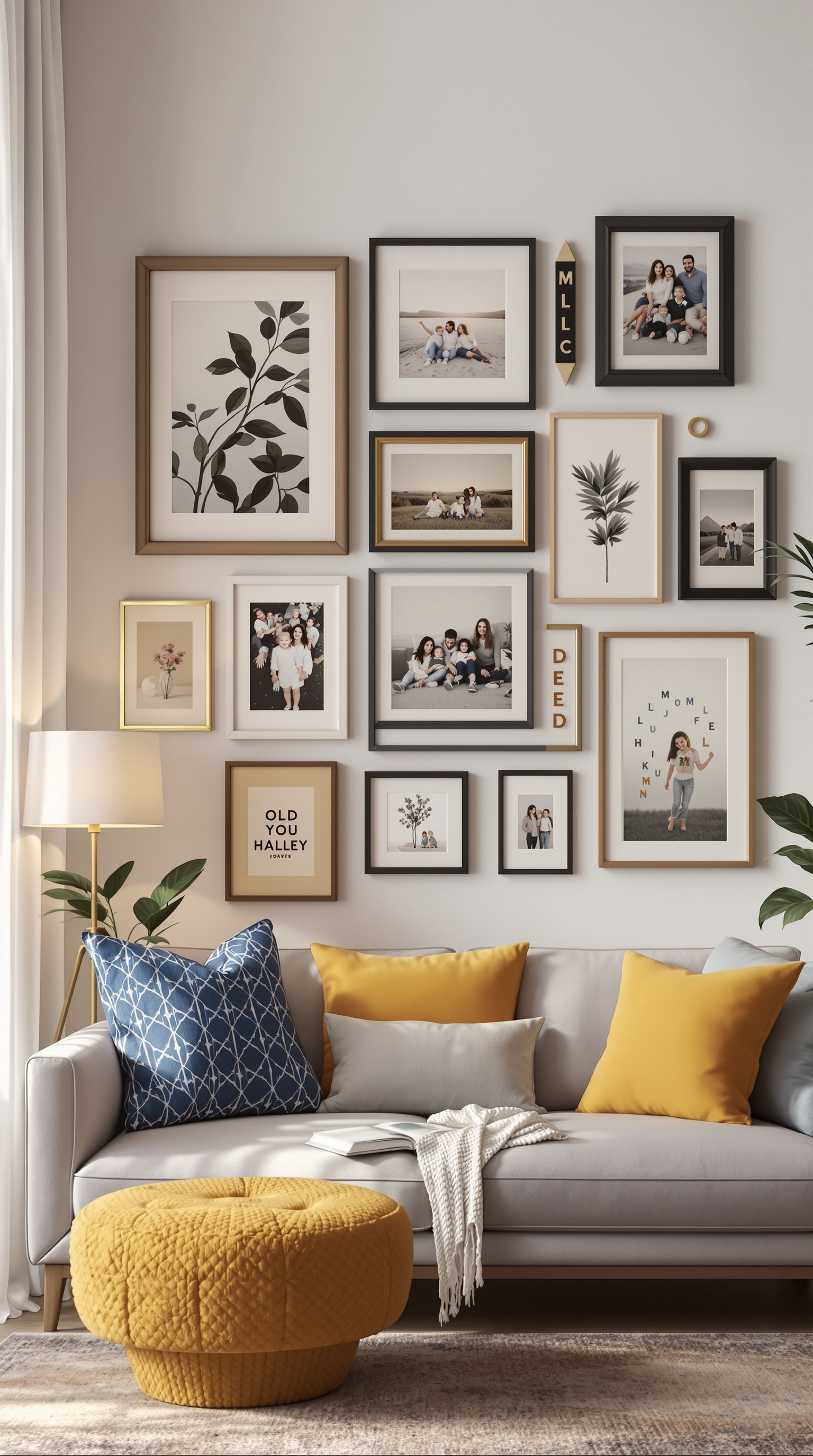 A cozy living room with a gallery wall featuring mixed frames, showcasing family photos and art.