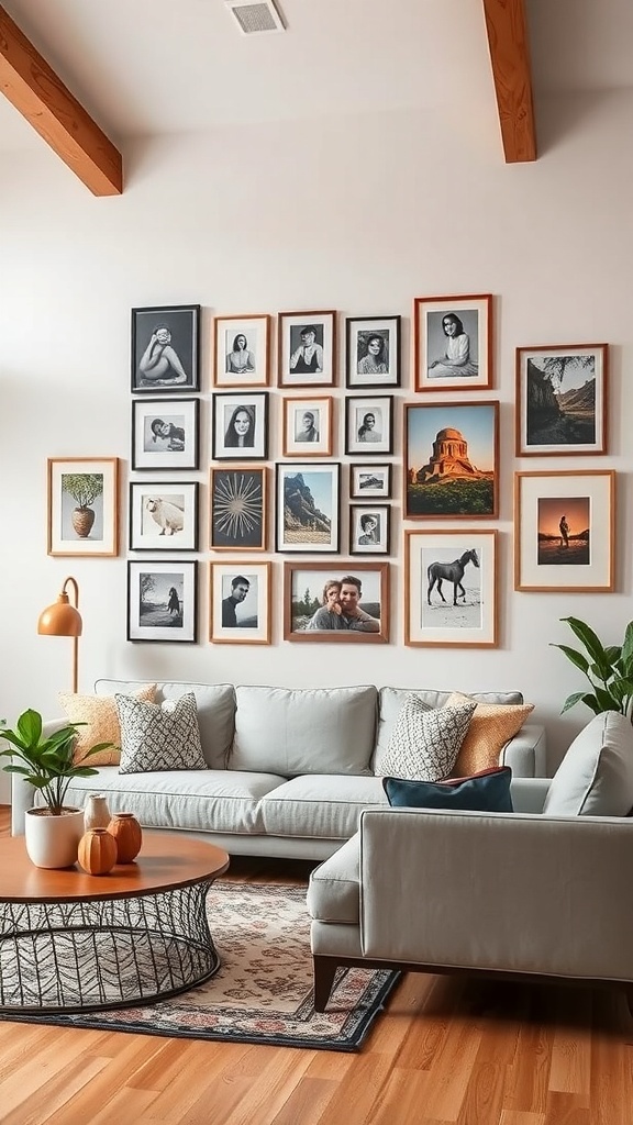 Cozy living room with a gallery wall featuring framed photos and art