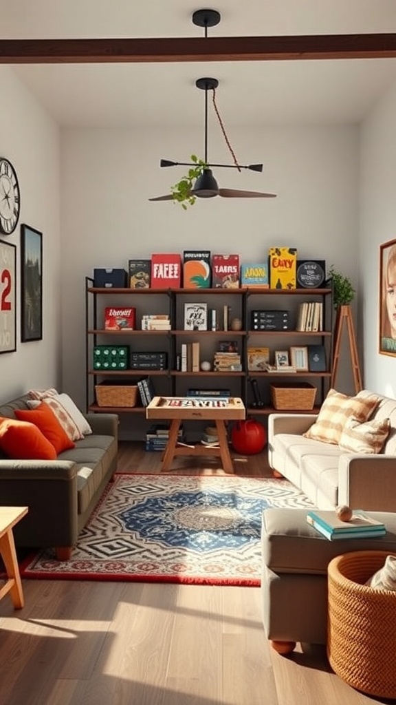 Cozy game corner with board games, comfortable seating, and a stylish rug.