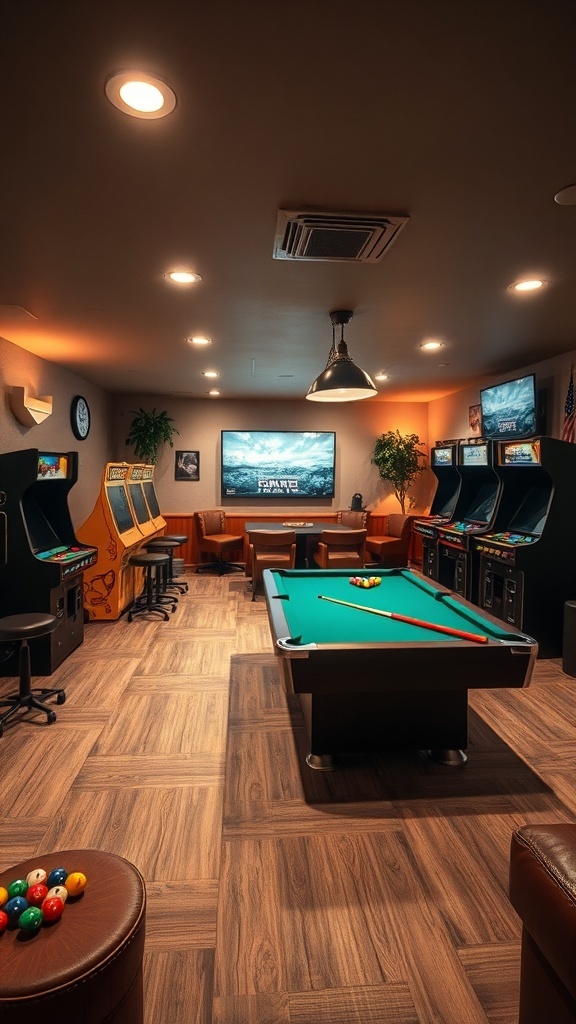 Cozy basement game room with a pool table and arcade games