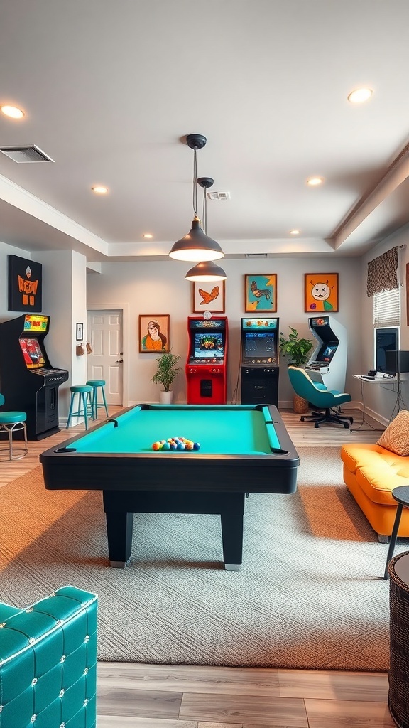 A modern game room featuring a pool table, arcade machines, and colorful decor.