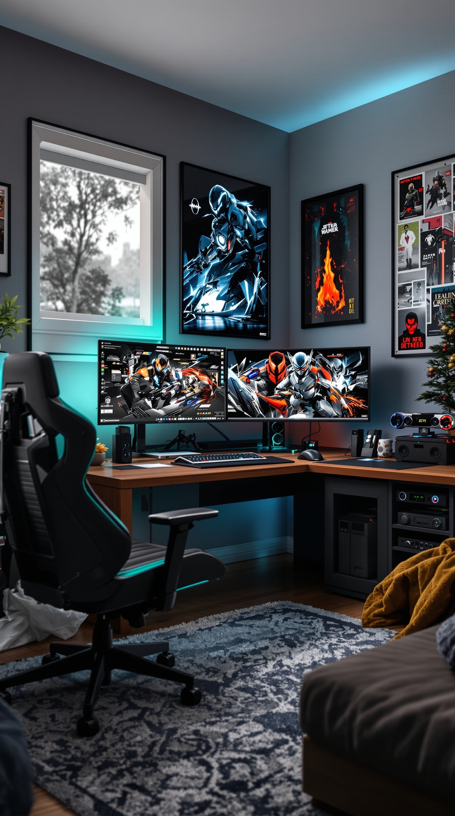 A stylish gamer room with dual monitors, LED lighting, and gaming posters on the walls.