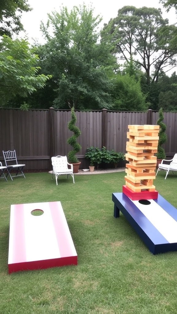 Outdoor games set up for a bridal shower, featuring a cornhole board and a Jenga tower.