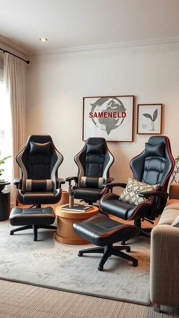 A stylish gaming setup featuring three modern gaming chairs and a small table.