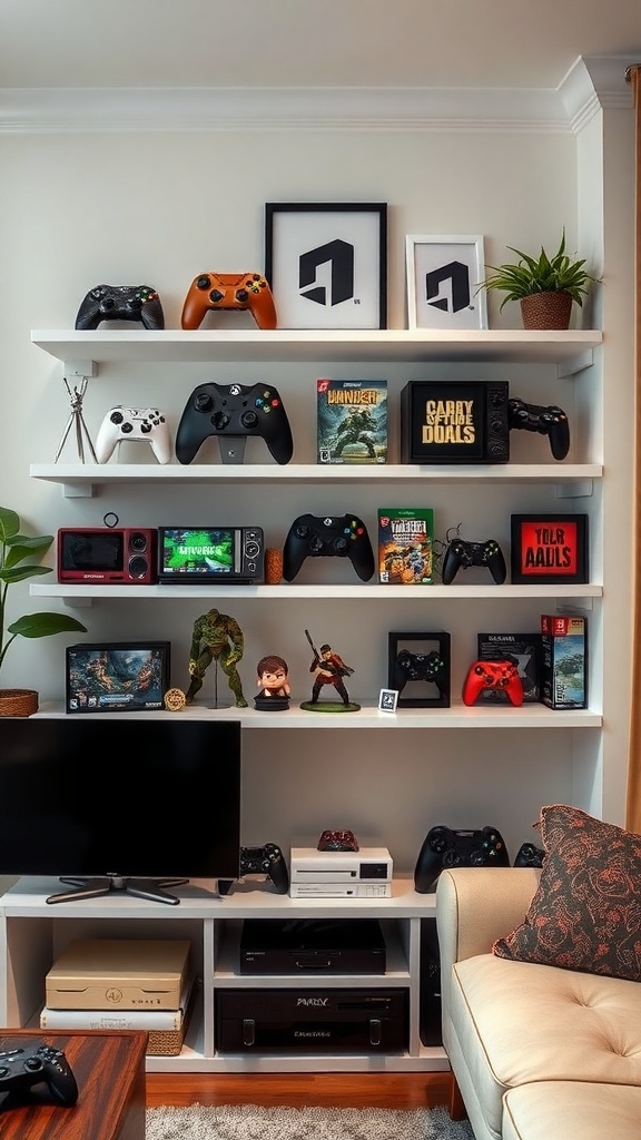 A neatly organized display of gaming merchandise including controllers, games, and collectibles on shelves.