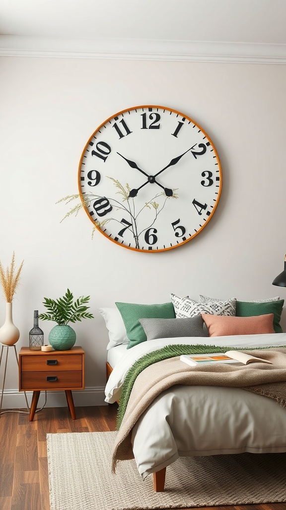 A large round wall clock with black numbers and a plant design, hanging above a cozy bed with green and neutral bedding.