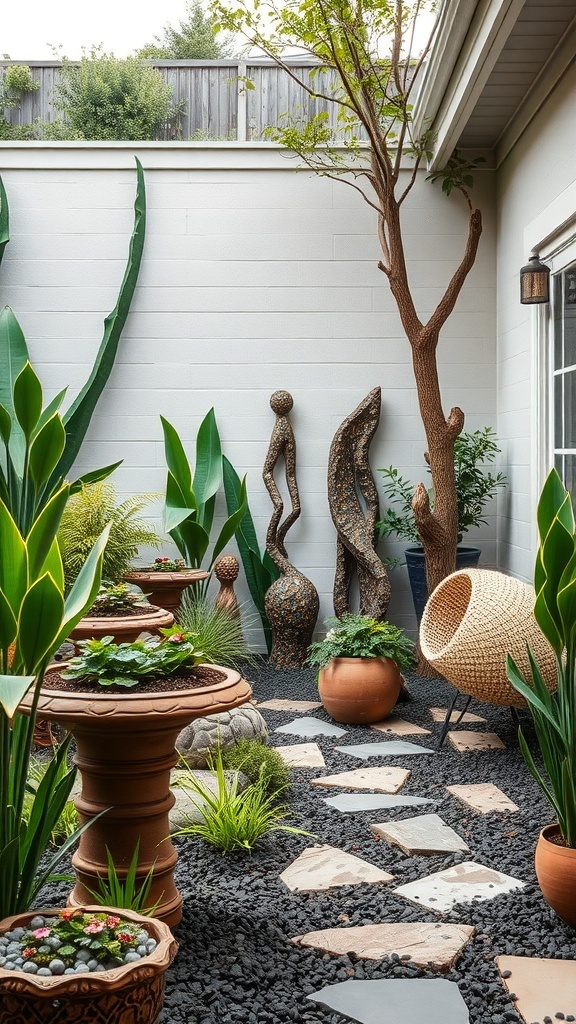 A cozy backyard with sculptures, plants, and stepping stones, showcasing garden art installations.
