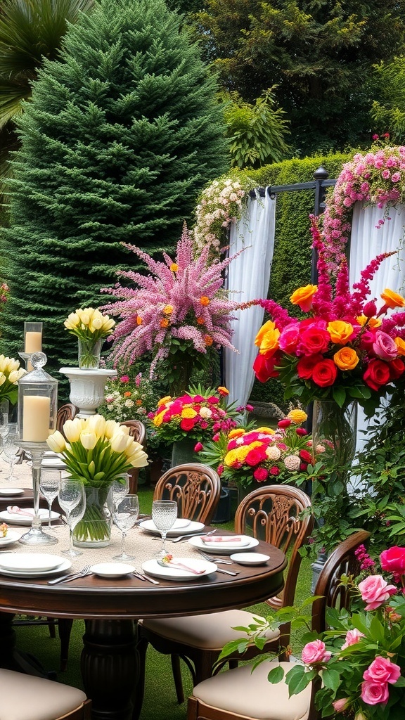 A beautifully arranged garden setting for a bridal shower with floral decorations and a rustic table.