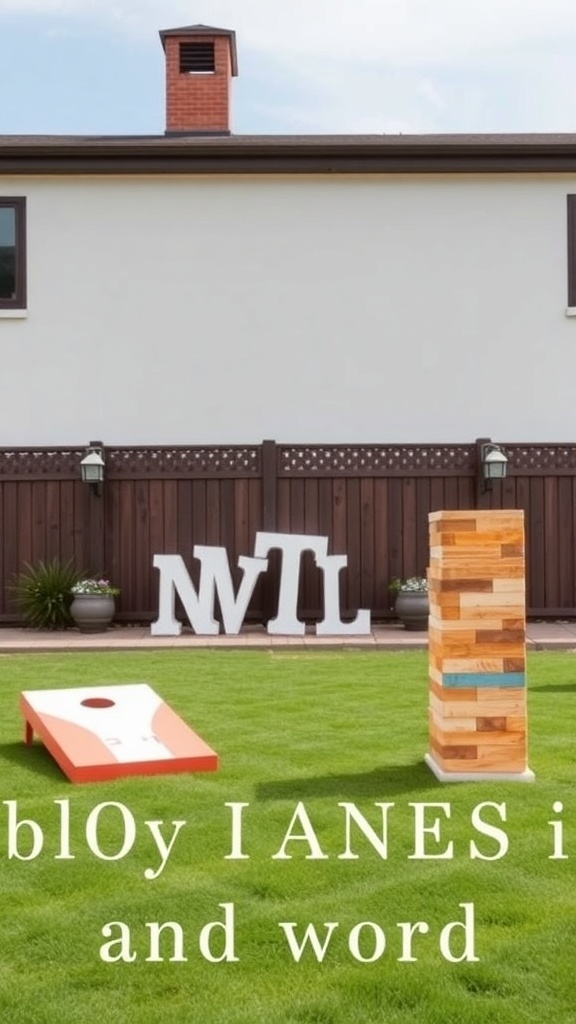 Outdoor bridal shower garden games including a cornhole game and a giant Jenga setup.