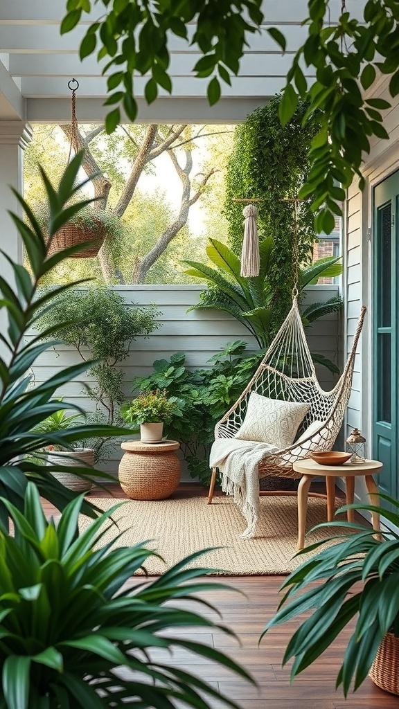 A cozy reading corner with a hammock, plants, and a small table, creating a peaceful garden oasis.