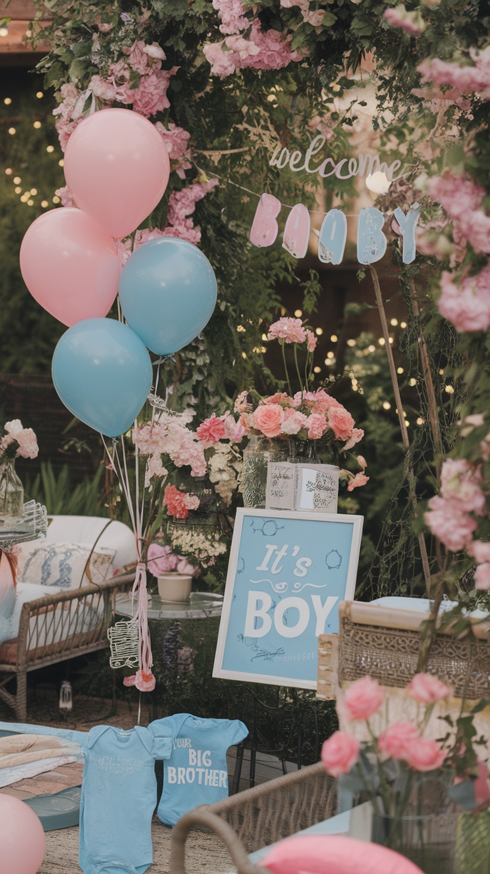 A beautifully decorated garden baby shower with pink and blue balloons, flowers, and a sign welcoming the baby.