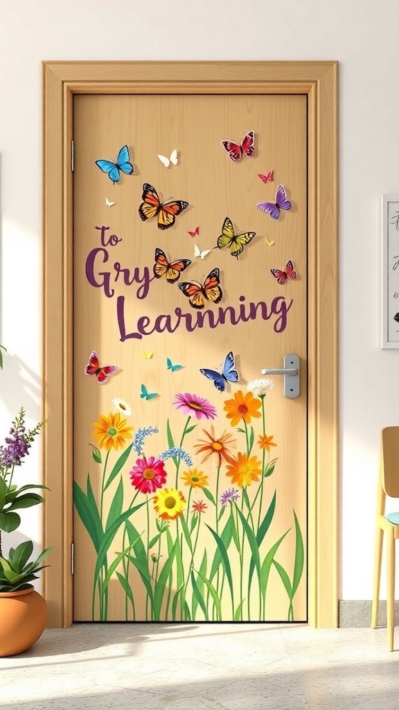 A classroom door decorated with flowers and butterflies, featuring the phrase 'To Gry Learrning'.