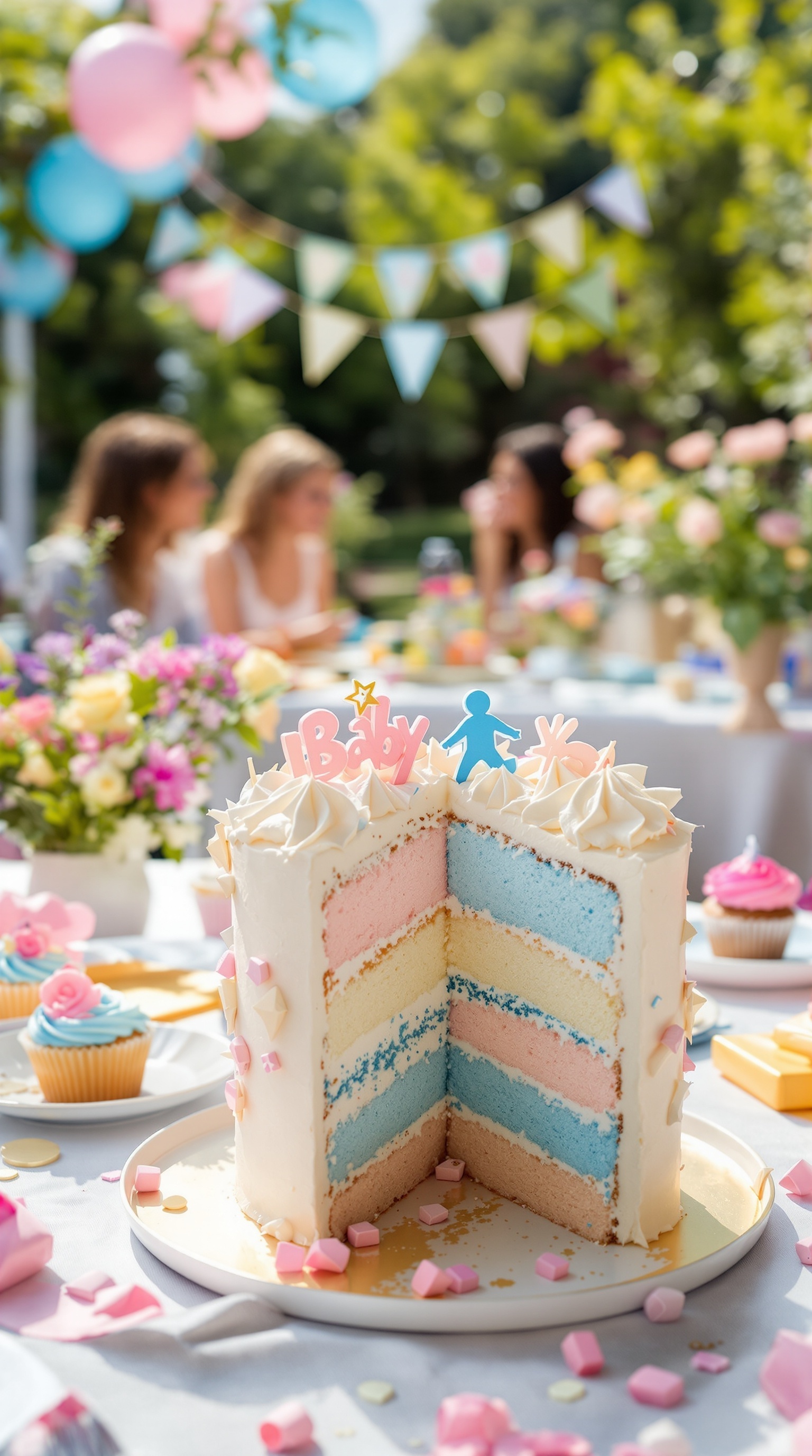 A beautifully layered gender reveal cake with pink and blue layers, surrounded by flowers and festive decorations.