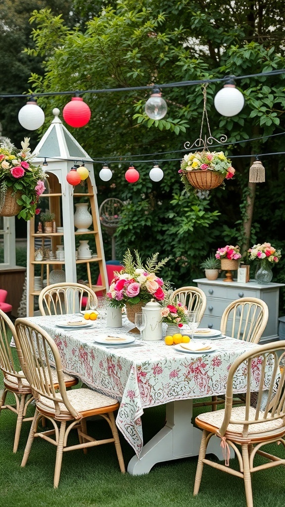 A beautifully set outdoor table for a garden party bridal shower, complete with flowers, lemons, and decorative lighting.