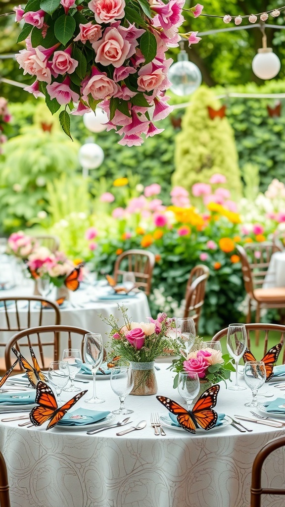 A garden party setup with tables adorned with floral arrangements and butterfly decorations.