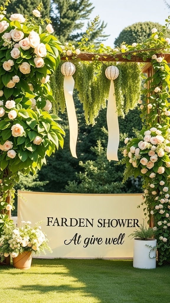 A beautiful garden-themed bridal shower backdrop featuring climbing vines, flowers, and a personalized banner.