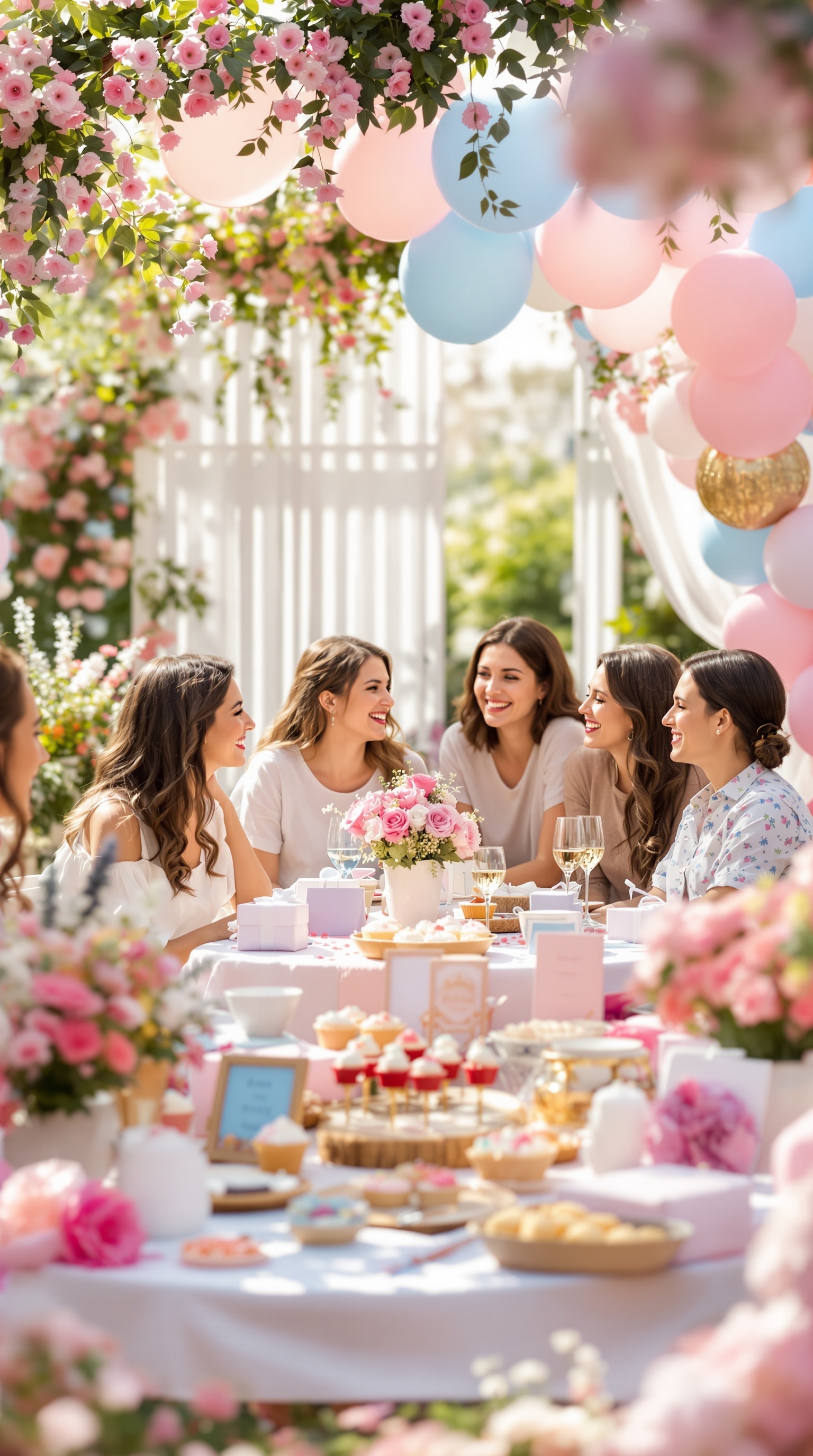 A garden party setup for a gender reveal with flowers, balloons, and a table filled with treats.