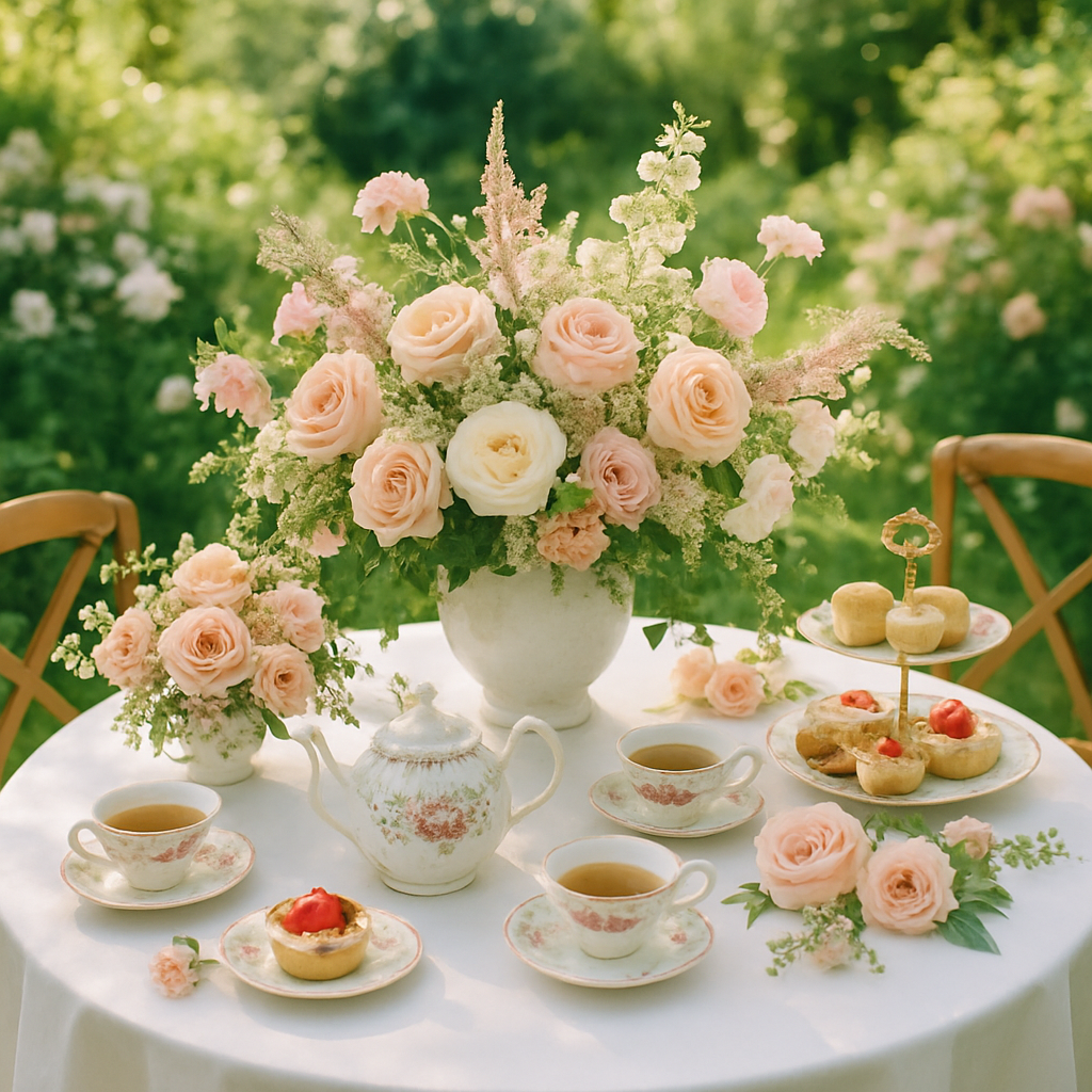A beautifully arranged garden tea party table with flowers, tea cups, and pastries.