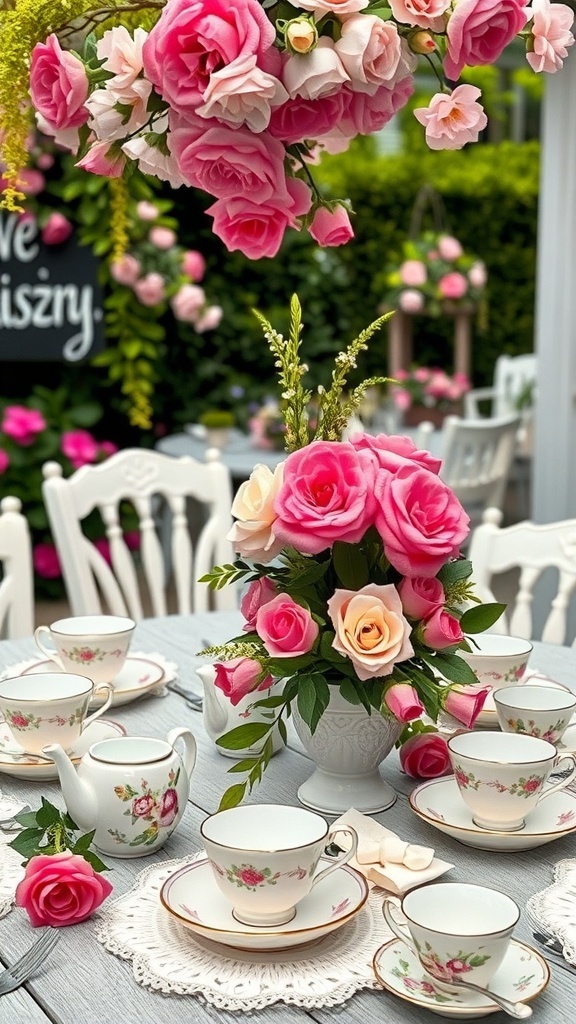 A beautifully set garden tea party table with pink roses and delicate china.