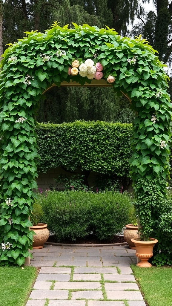 Garden trellis covered in climbing vines with colorful flowers on top, creating a photo backdrop.