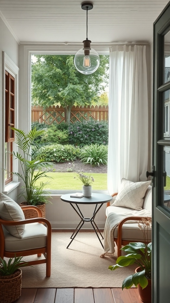 Cozy reading nook with garden view, featuring comfortable chairs, a small table, and plants.