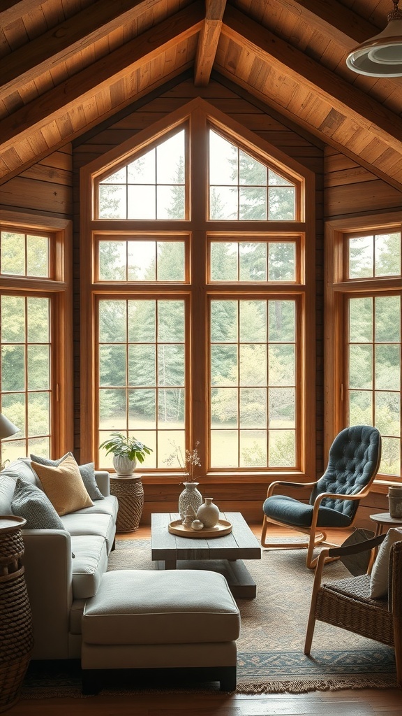 A cozy rustic cabin living room with large windows showcasing a garden view.