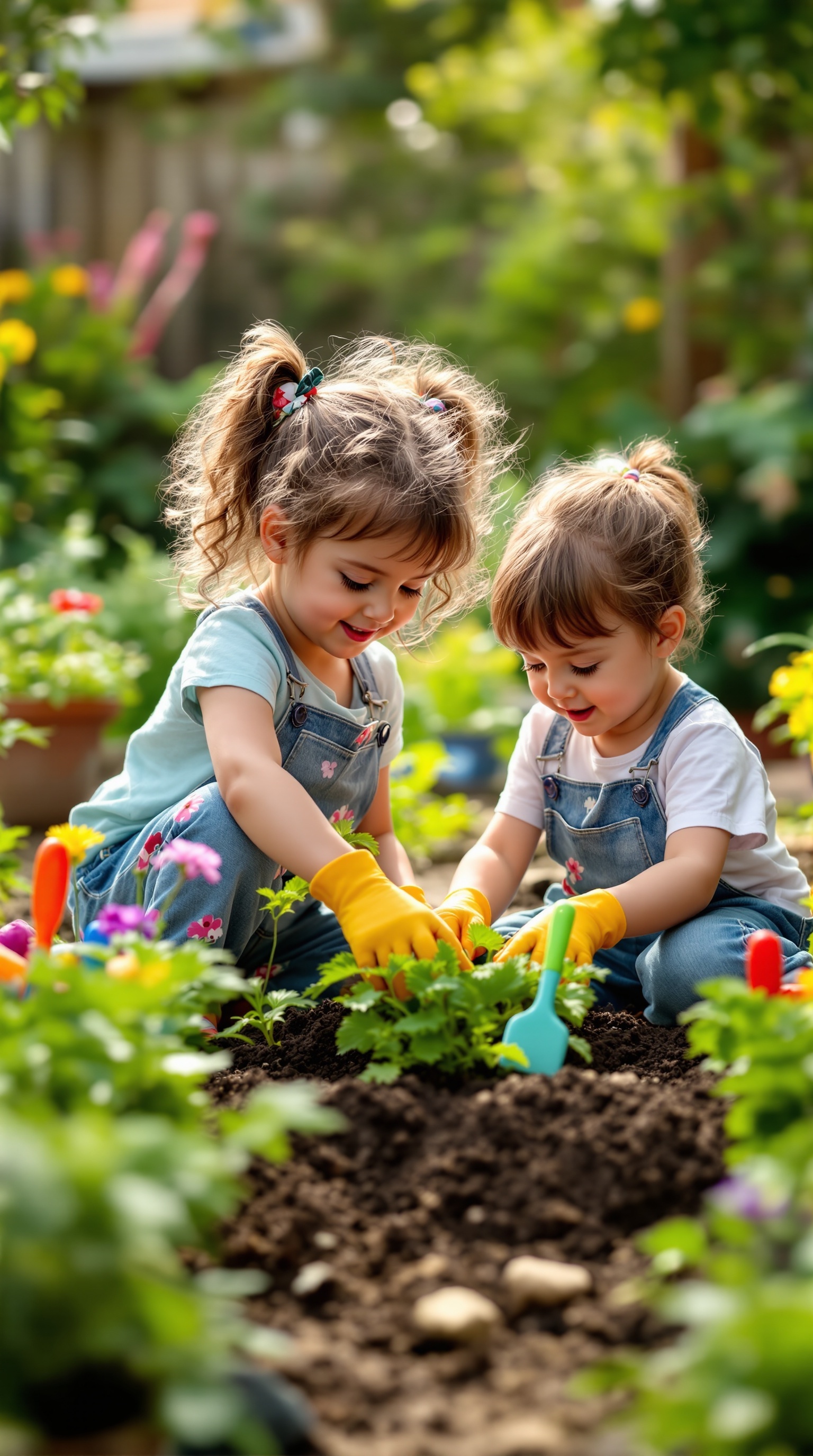 Two children gardening together in a backyard, smiling and planting seeds.